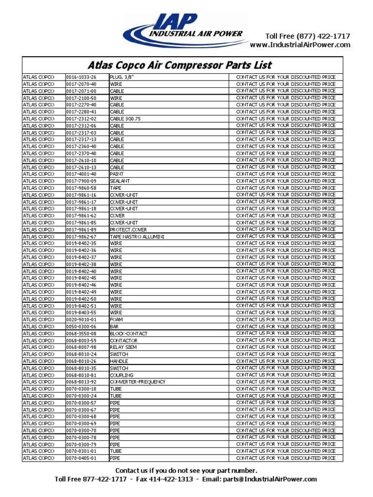 Atlas Copco Air Compressor Parts List Toll Free (877) 4221717