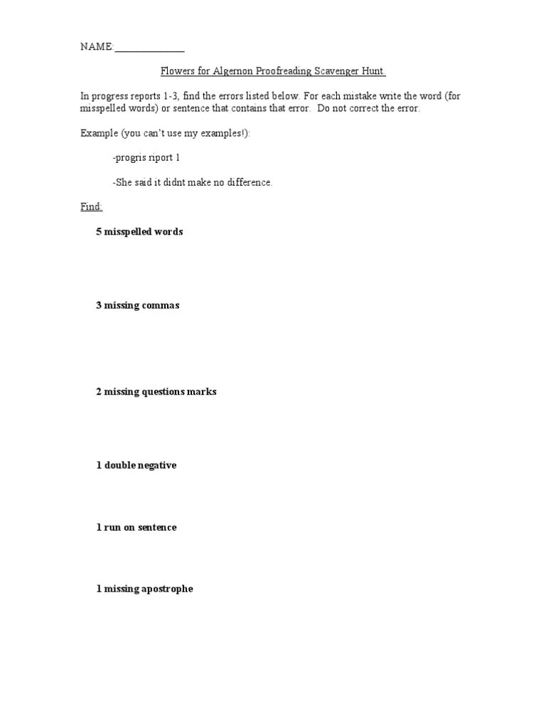 NAME Flowers For Algernon Proofreading Scavenger Hunt. in Progress