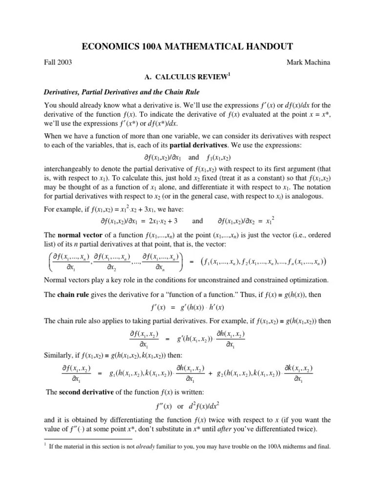 UCSD ECON 100A Math Handout PDF Mathematical Optimization