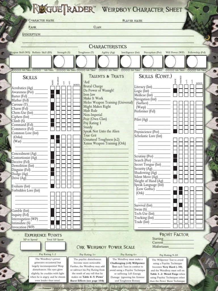 Rogue Trader Weirdboy Character Sheet Gaming Role Playing Games