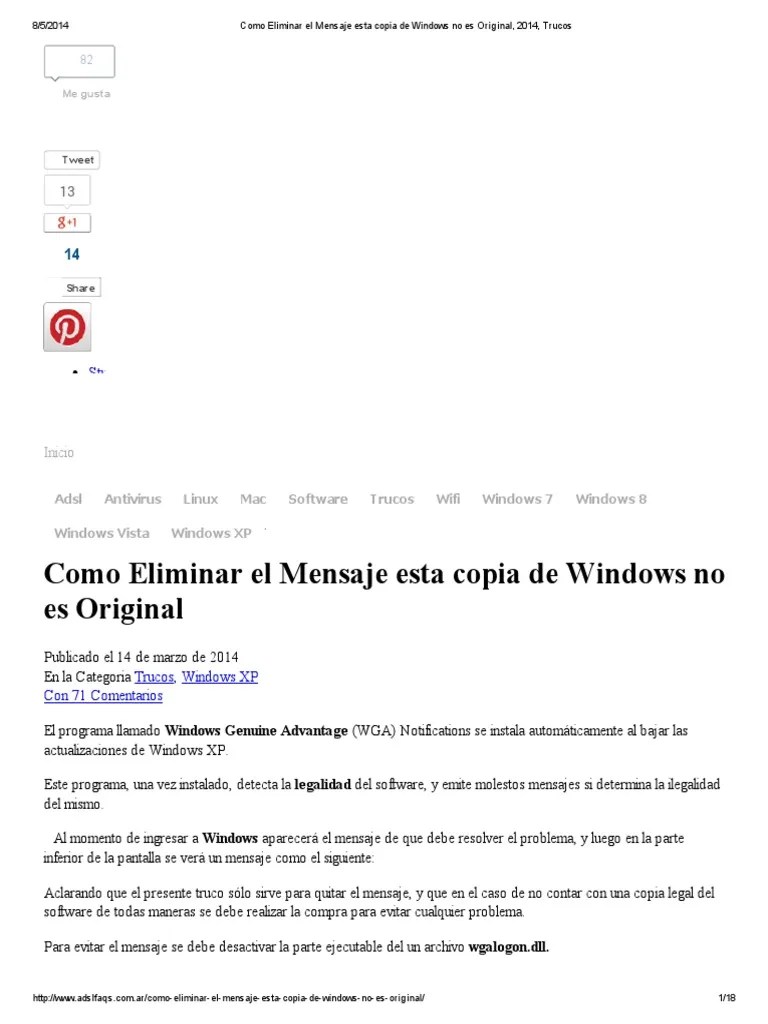 Como Eliminar El Mensaje Esta Copia de Windows No Es Original, 2014