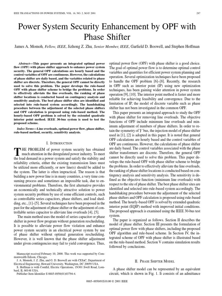 Power System Security Ebhancement by Phase Shifter Operation PDF