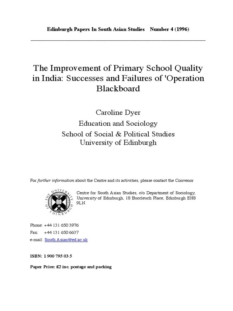 The Improvement of Primary School Quality in India Successes and Failures of 'Operation