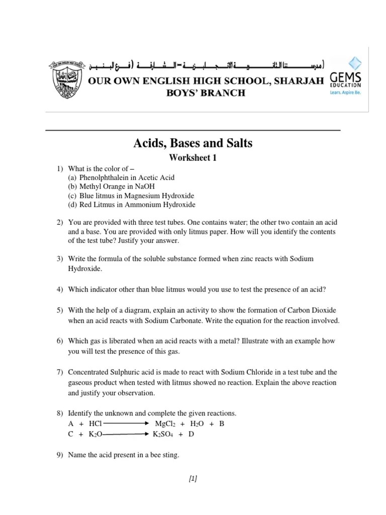 acids bases and salts worksheet 1 Acid Sodium Chloride Free 30