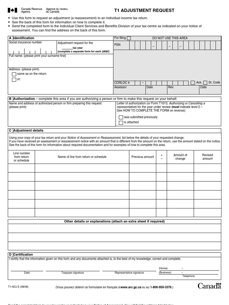 T1 Adjustment Request A Identification PDF Public Finance Taxation
