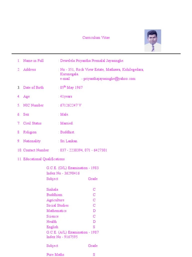 Find a cv sample that fits your career. Curriculum Vitae | Sri Lanka | Apprenticeship