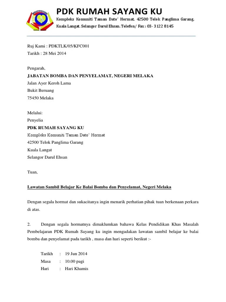 Contoh Surat Memohon Membuat Lawatan Sambil Belajar ke Jabatan Bomba