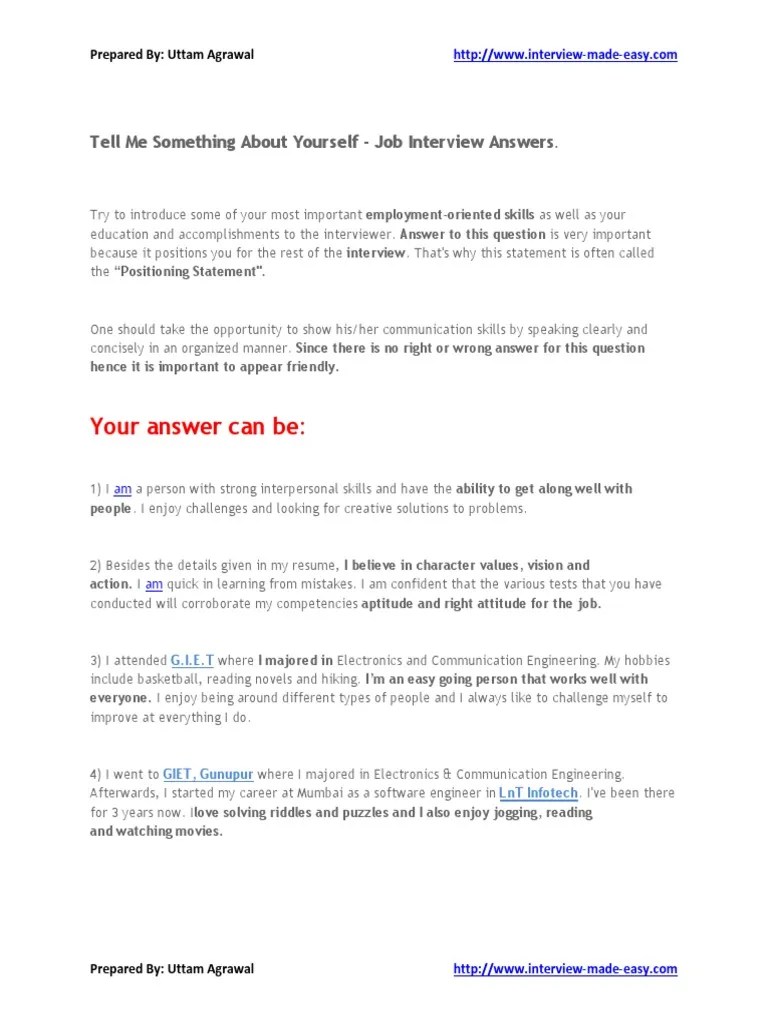 Tell Me Something About Yourself Sample Answers. Question