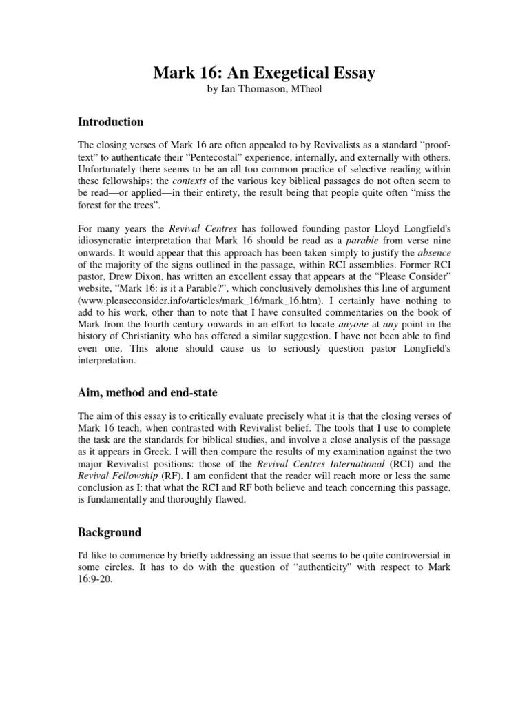 Mark 16 An Exegetical Essay New Testament Gospel Of Mark