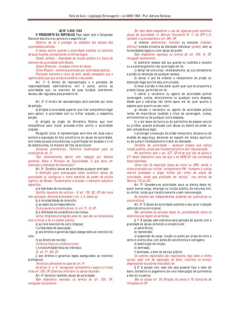Lei 4898 65 Abuso de Autoridade Com Notas Lei Estatutária