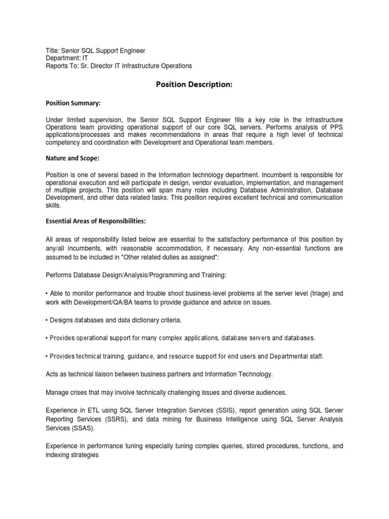 Senior SQL Support Engineer Job Description Microsoft