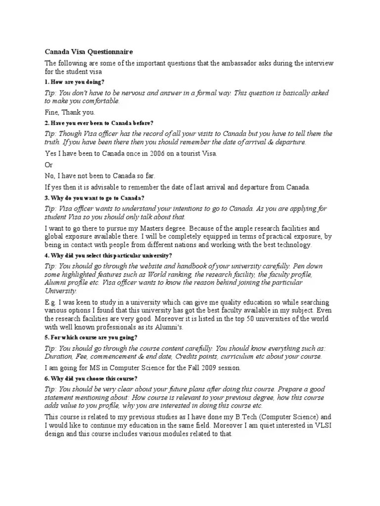Canada Visa Questionnaire the Following Are Some of the Important