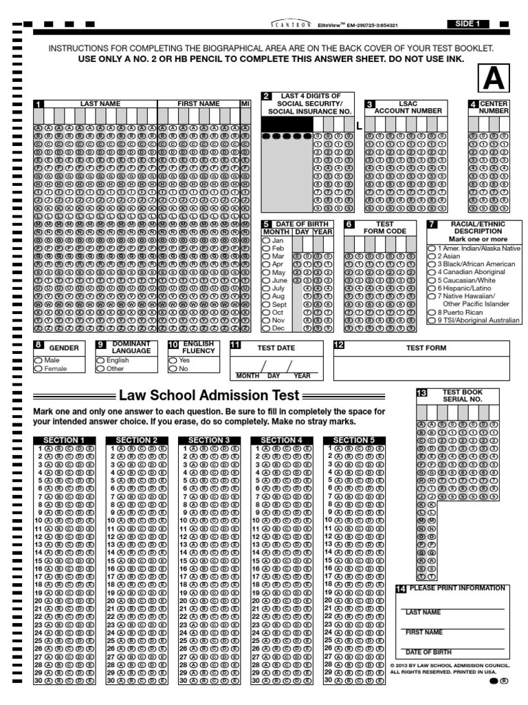 Answer Sheet LSAT Law School Admission Test Race And Ethnicity In
