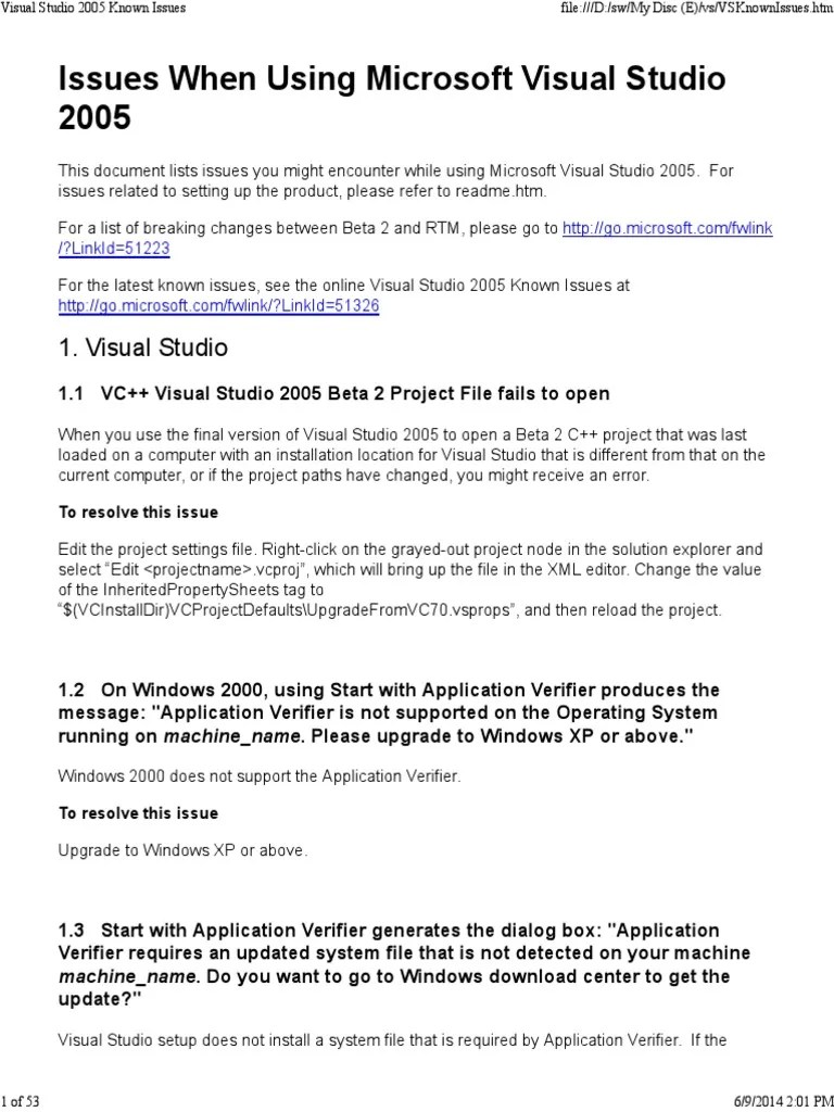 Visual Studio 2005 Known Issues PDF Microsoft Visual Studio 64