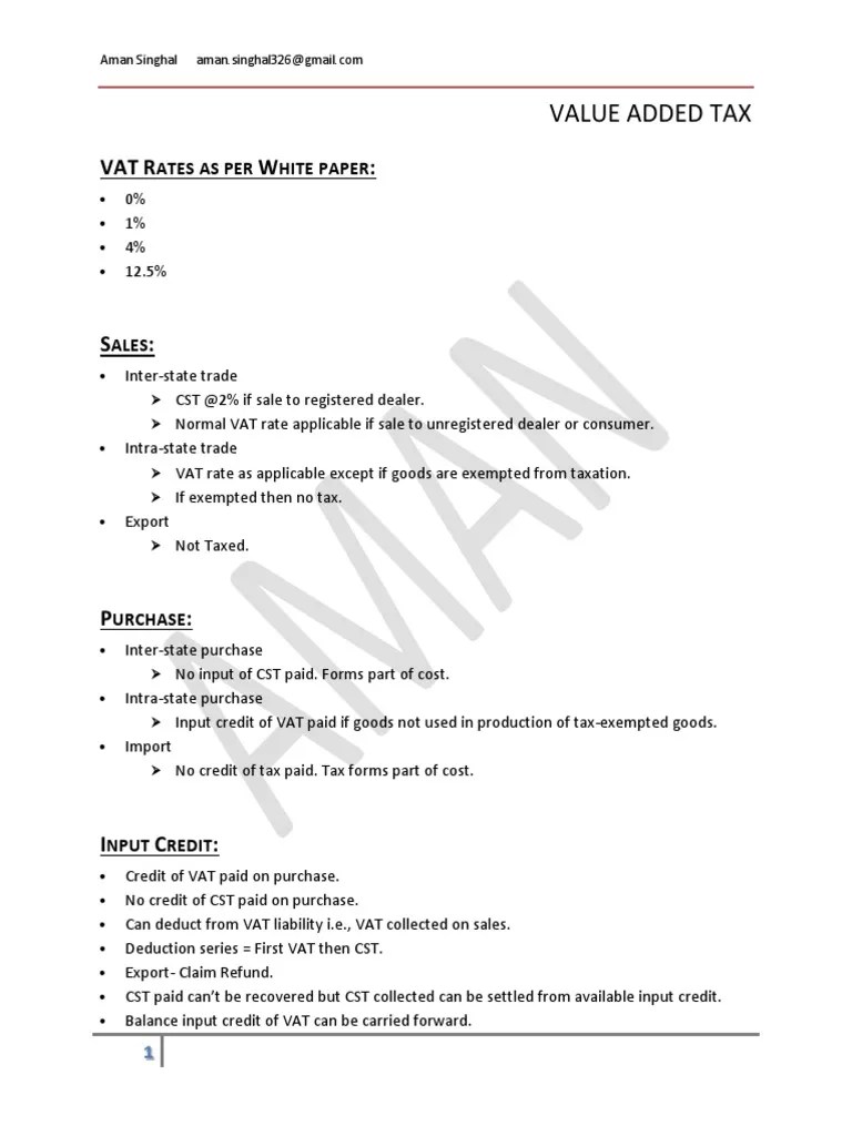 Value Added Tax Short Notes Hand Book Value Added Tax Taxation