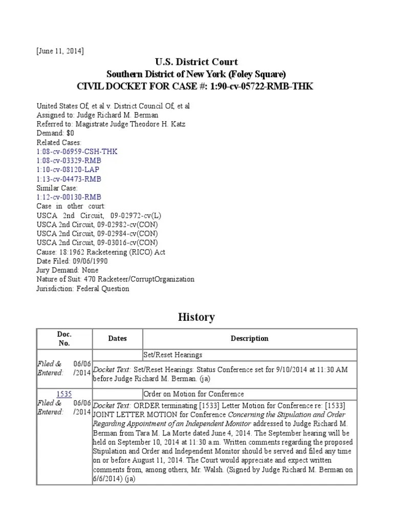 101613 to 61114 Docket Report for Case 905722RMBTHK Consent