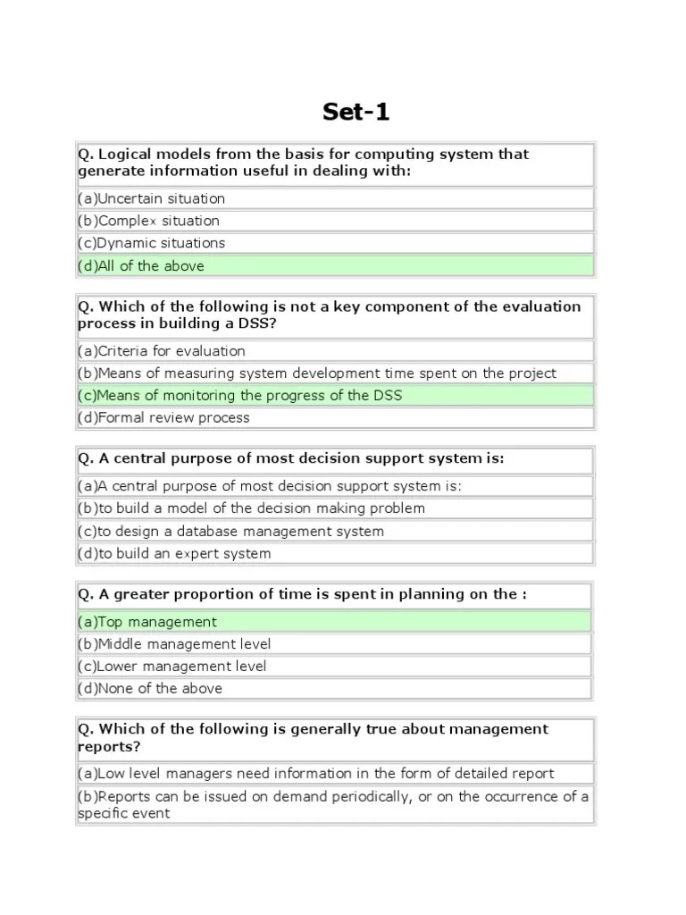 Management Information System MCQ�S Decision Support System C