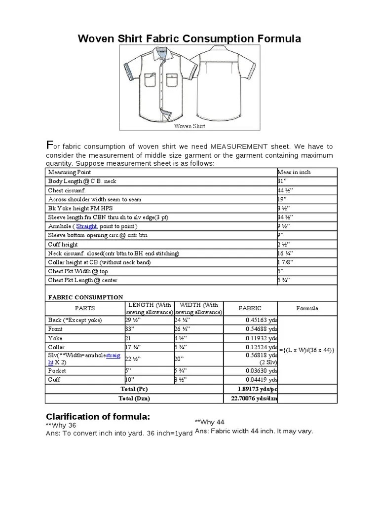 Fabric Consumption Formula PDF Seam (Sewing) Clothing
