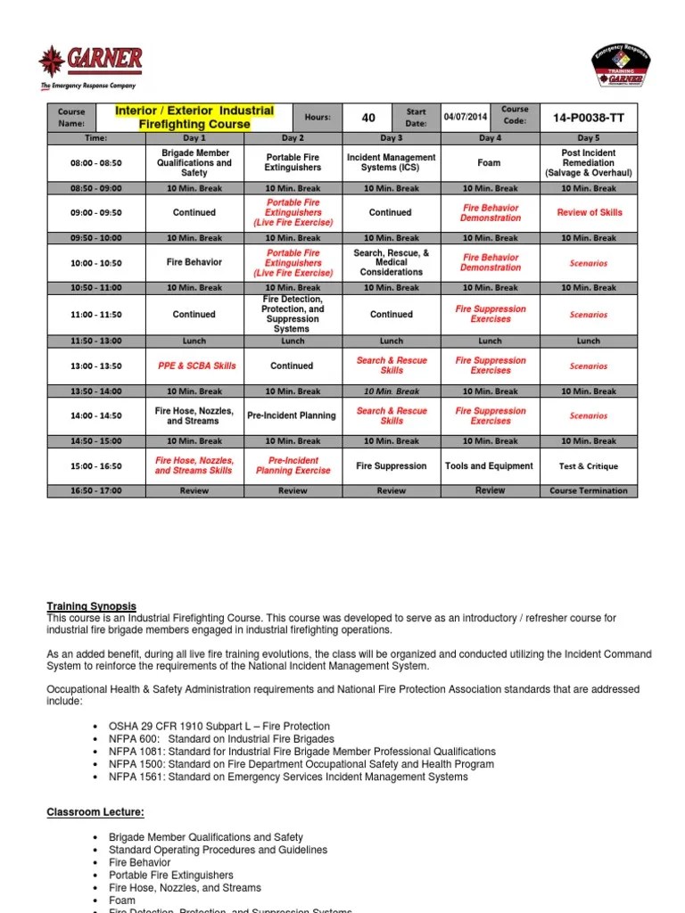 40hr Industrial Firefighting Training Schedule