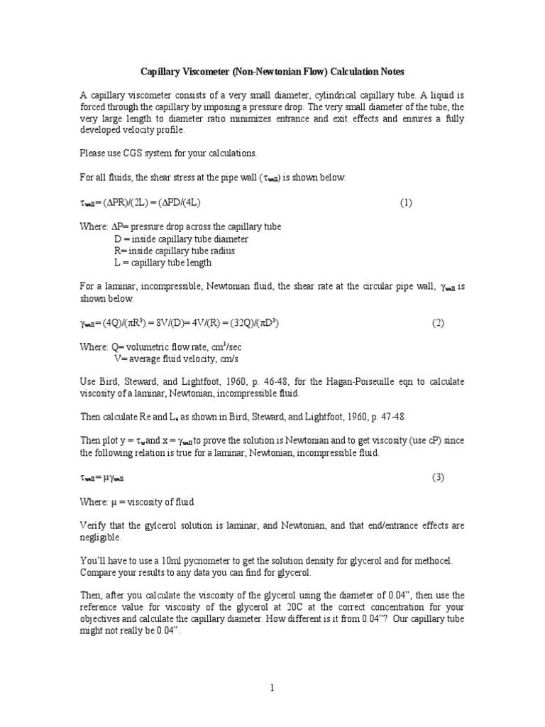 Capillary Calculation Notes PDF Viscosity Shear Stress