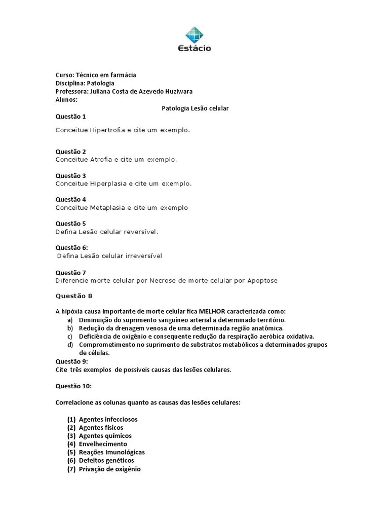 Exercícios Patologia Lesões Celulares