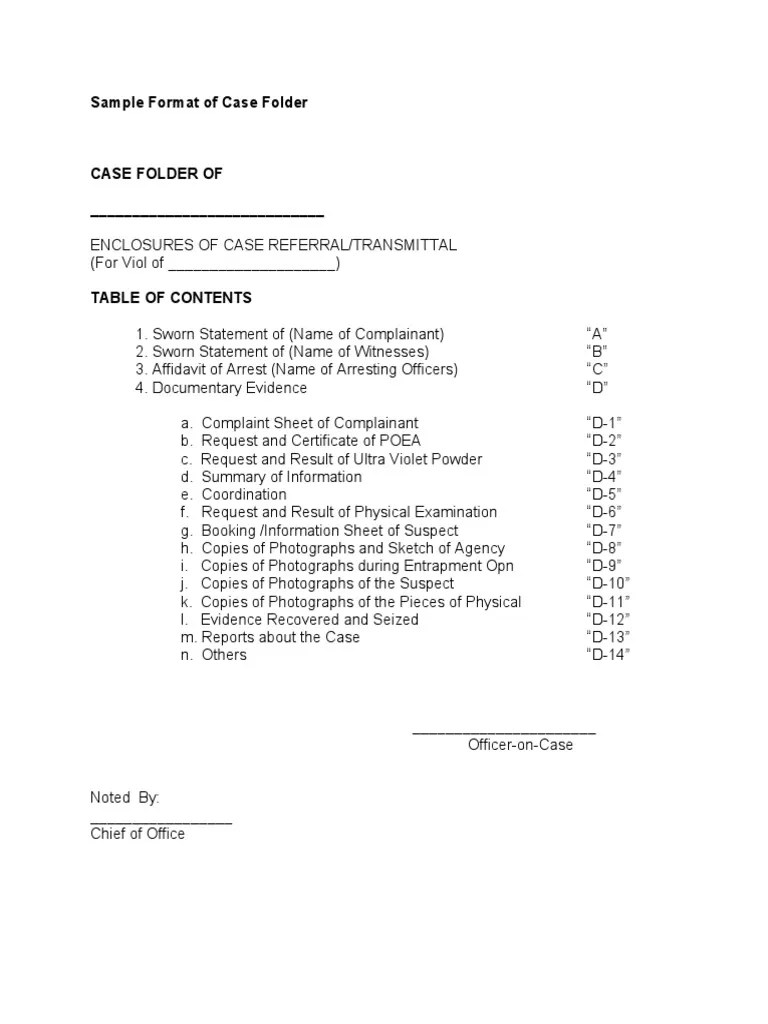 Sample Format of Case Folder