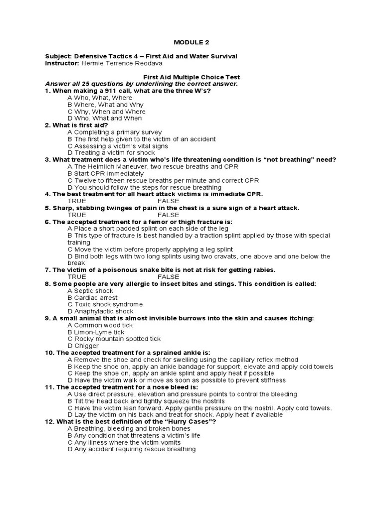 First Aid Multiple Choice Test Module 2 PDF Medicine Clinical Medicine