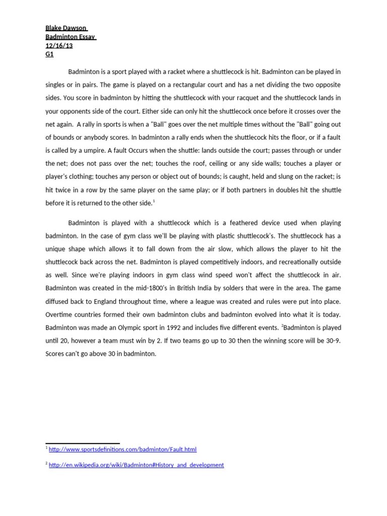 Badminton Essay Sports Leisure