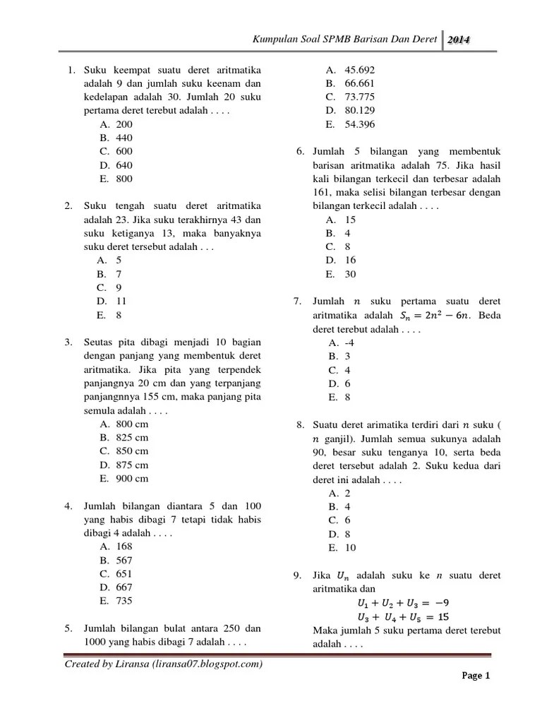 Kumpulan Soal Barisan Dan Deret by Liransa
