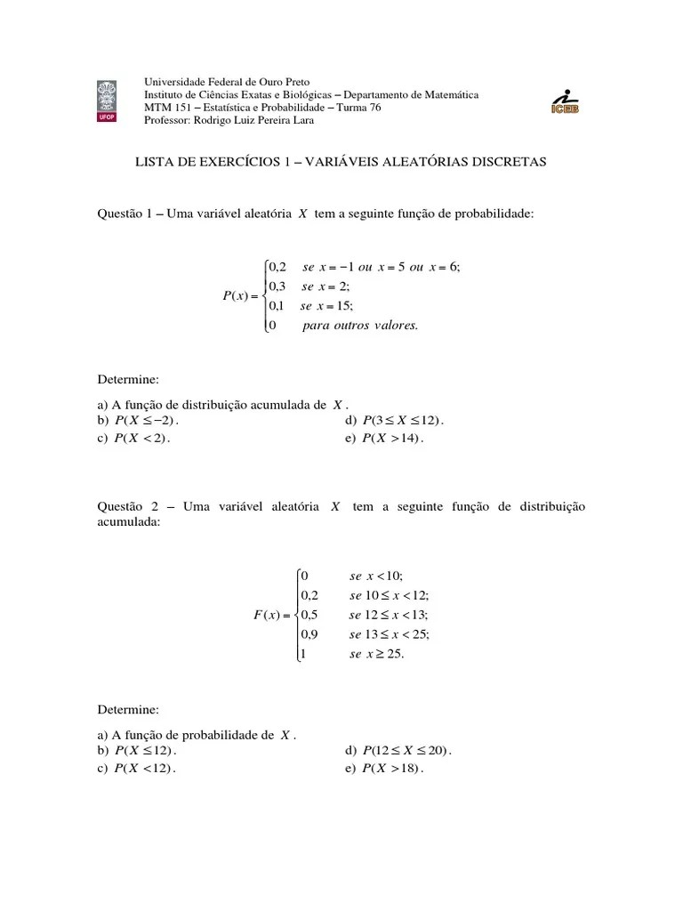 VA ExercÃcios 1 Probabilidade Distribuição de Probabilidade
