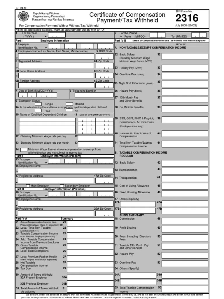 BIR Form 2316 Wage Employment
