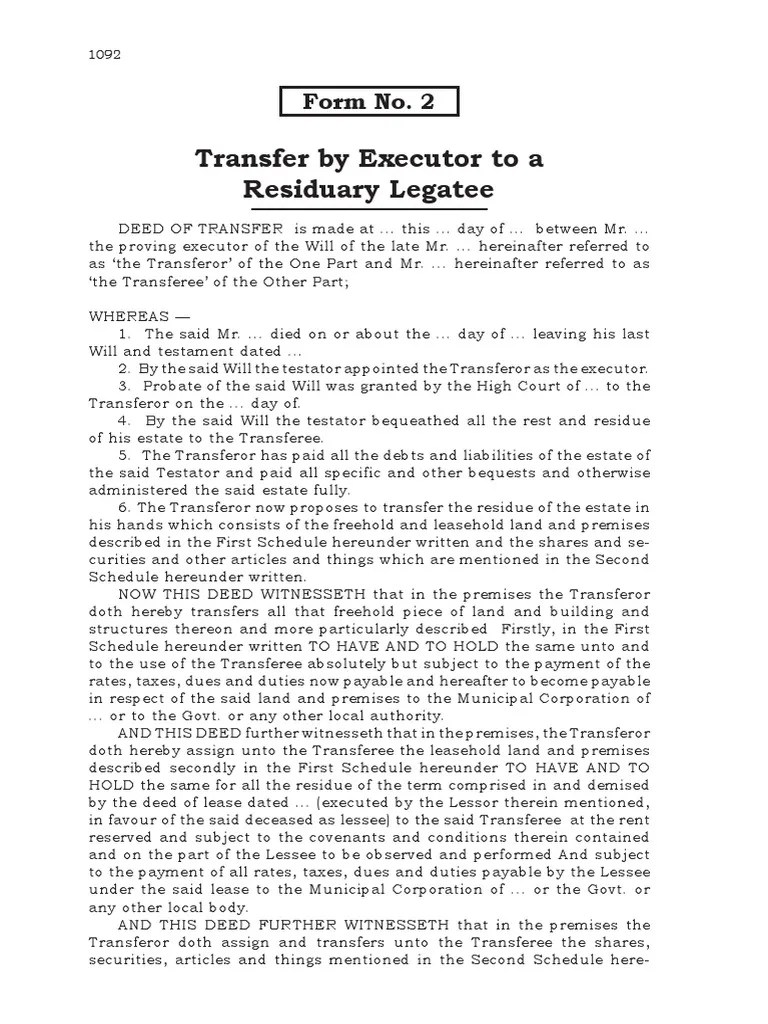 Executor Transfer Residuary Legatee PDF Lease Will And Testament