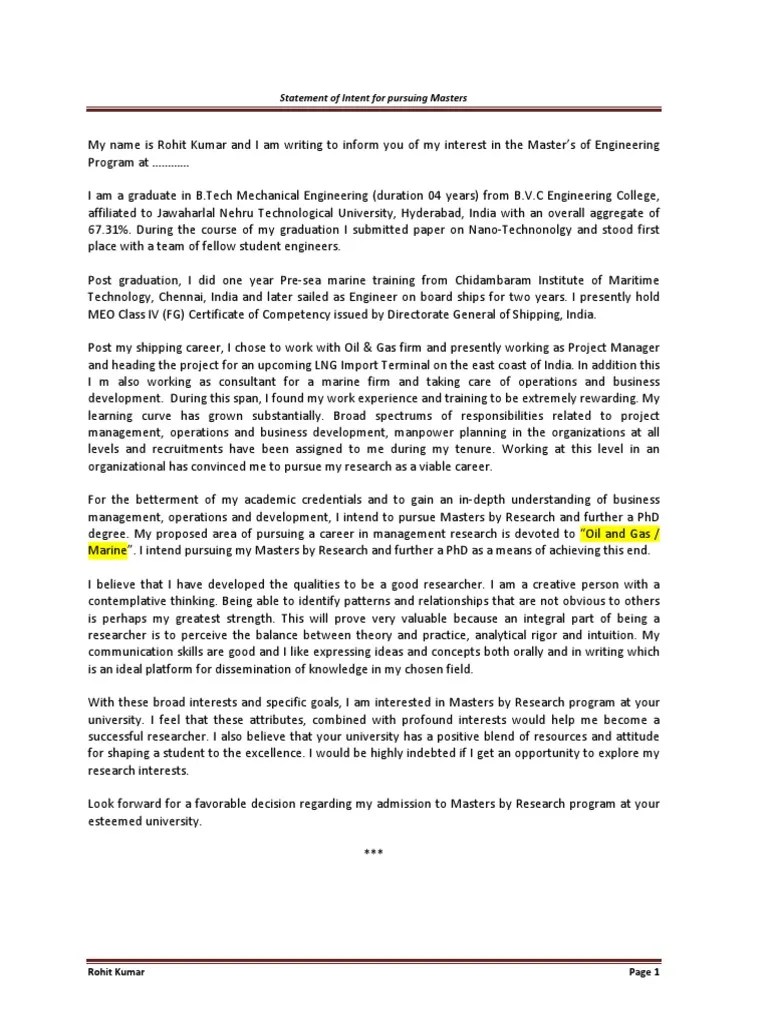 Letter of Intent University Psychology