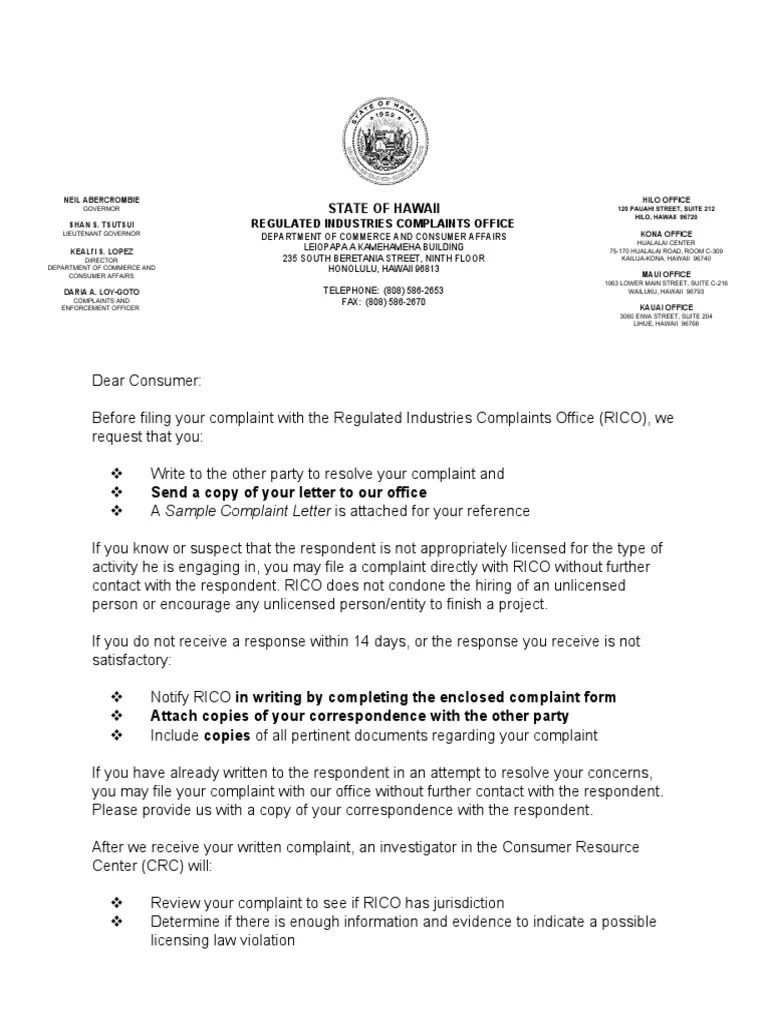 Travel Agency Complaint Form Hawaii (Island) Complaint