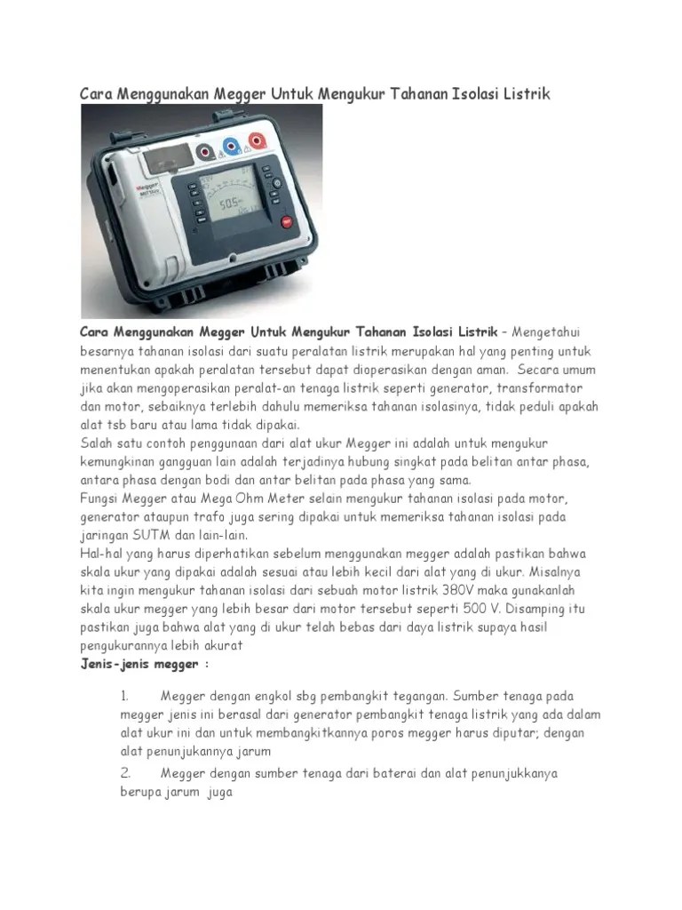 Cara Menggunakan Megger Untuk Mengukur Tahanan Isolasi Listrik