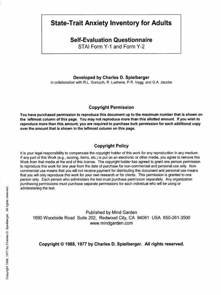 State Trait Anxiety Inventory For Adults PDF