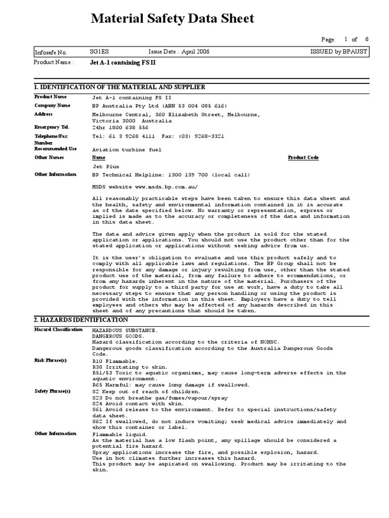 MSDS Jet A1 PDF Combustion Dangerous Goods