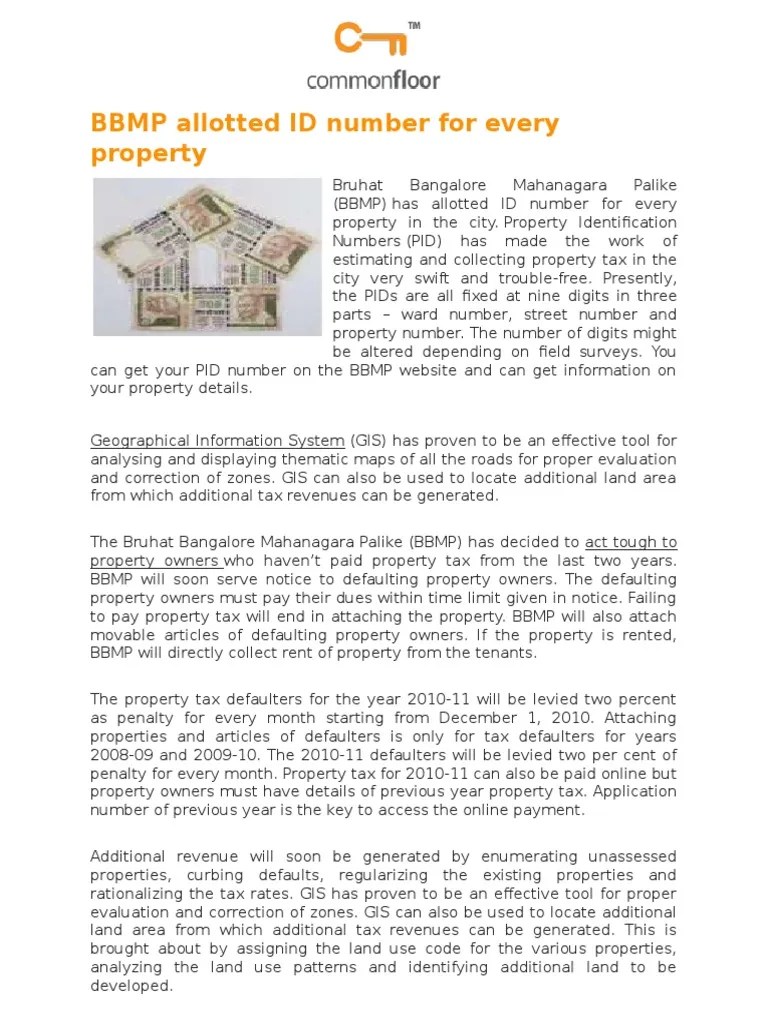 BBMP Allotted ID Number for Every Property Property Tax Taxes