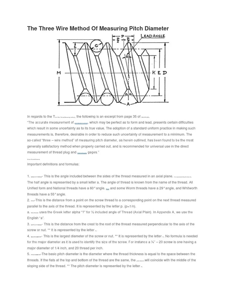 The Three Wire Method of Measuring Pitch Diameter Screw Mechanical