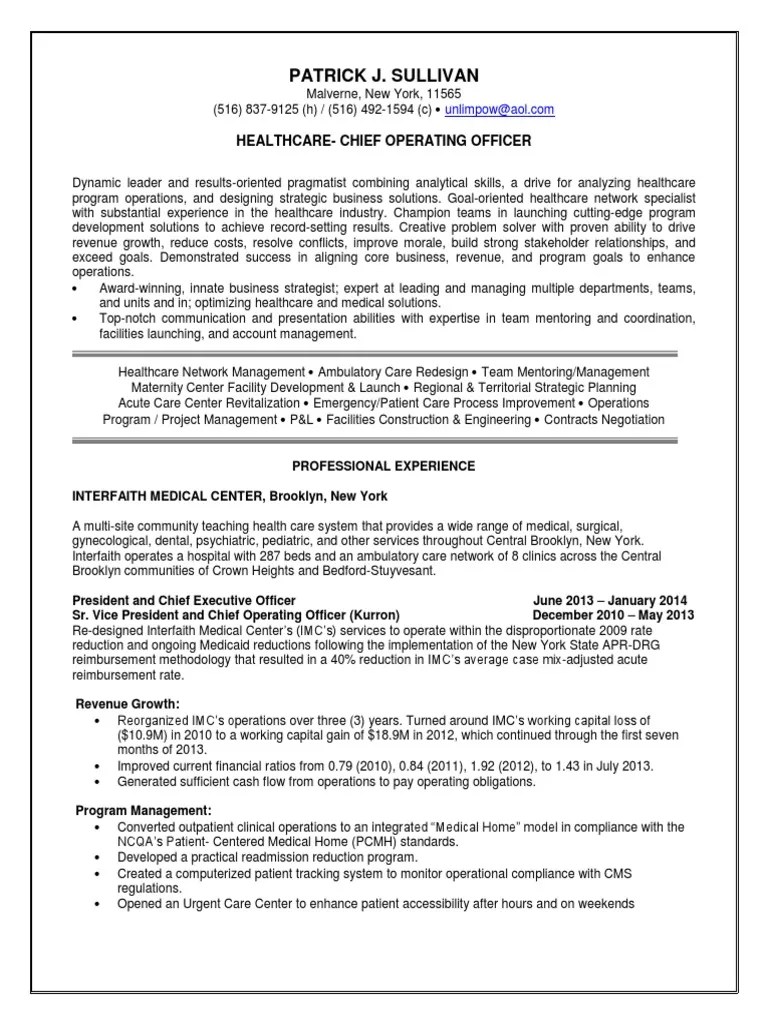 Hospital CEO COO Healthcare in New York City Resume Patrick Sullivan