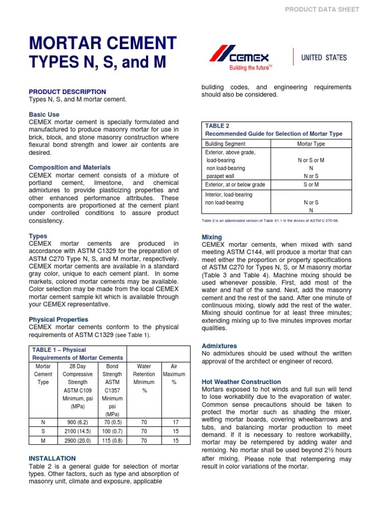 Cem Ex Mortar Cement Data Sheet Mortar (Masonry) Specification