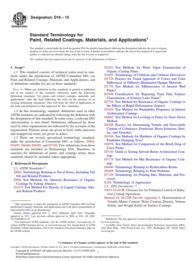 D16 Terminology For Paint, Related Coatings, Materials, and
