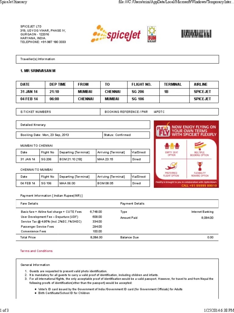 SpiceJet Itinerary Baggage Identity Document
