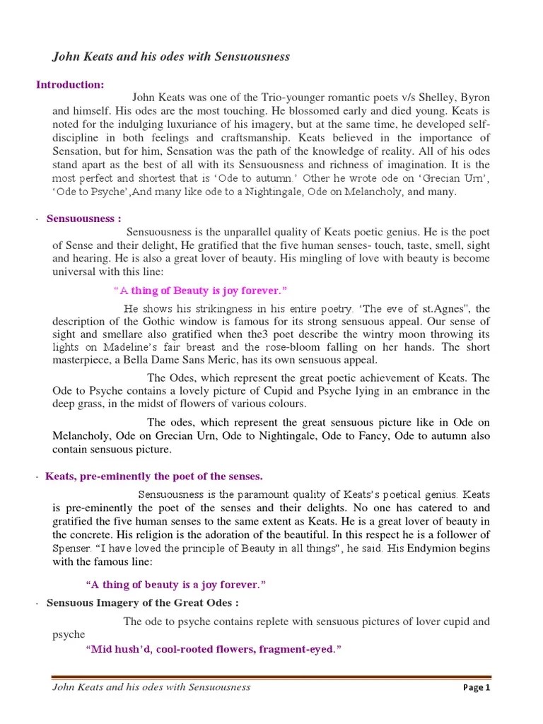 John Keats and His Odes With Sensuousness John Keats Poetry