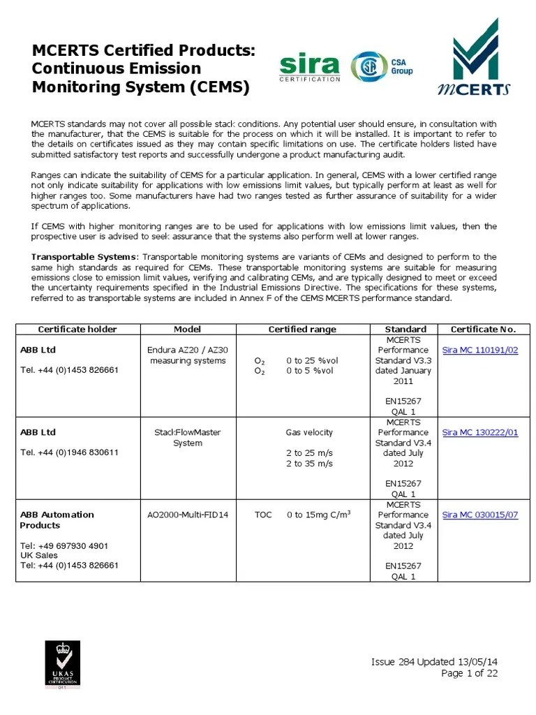 MCERTS Certified Products CEMS Calibration Chemistry