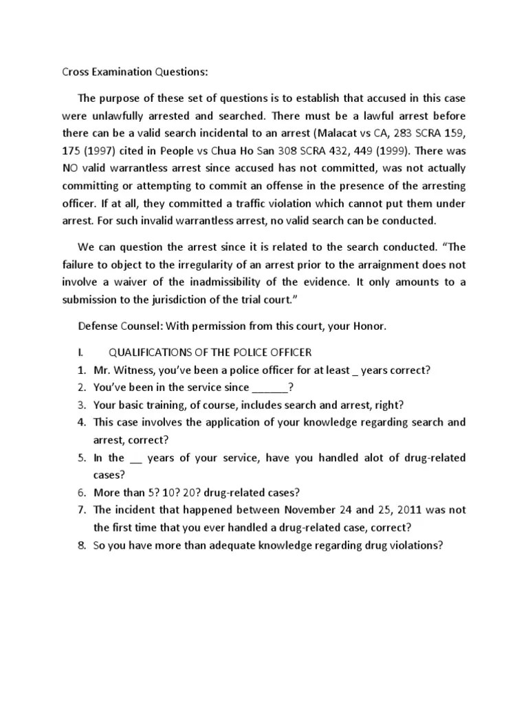 Cross Examination Questions Edited Arrest Search Warrant