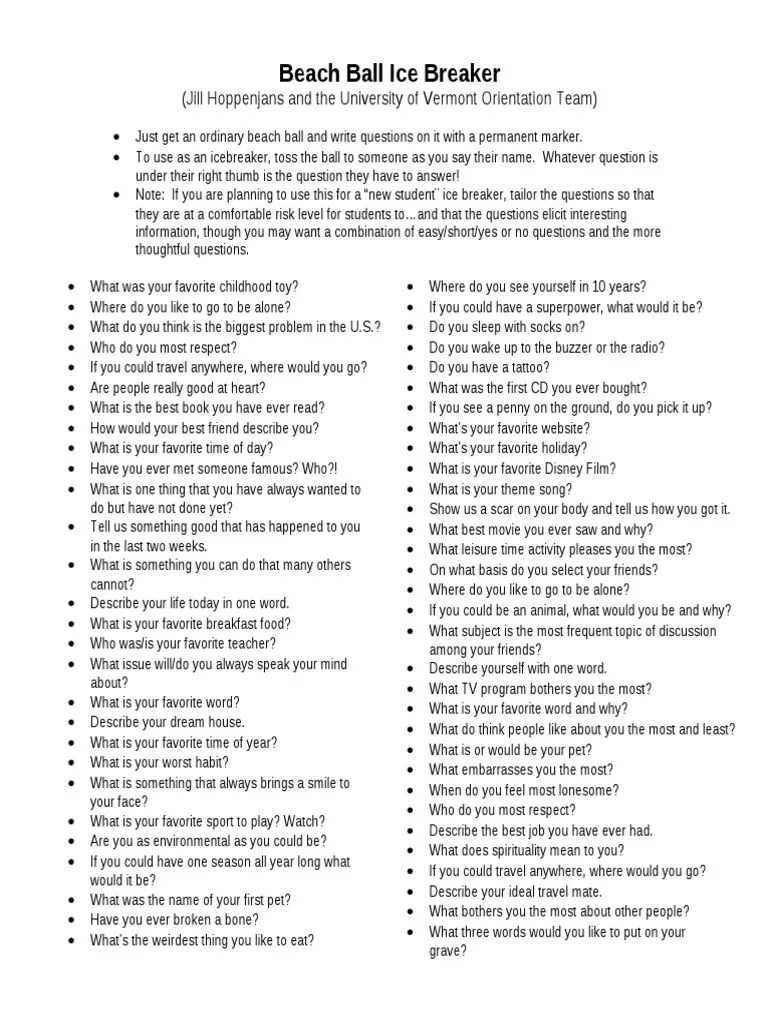 Beach Ball Questions Icebreaker PDF