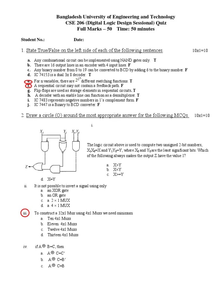 Quiz Questions For DLD Lab PDF Logic Gate Electronic Circuits