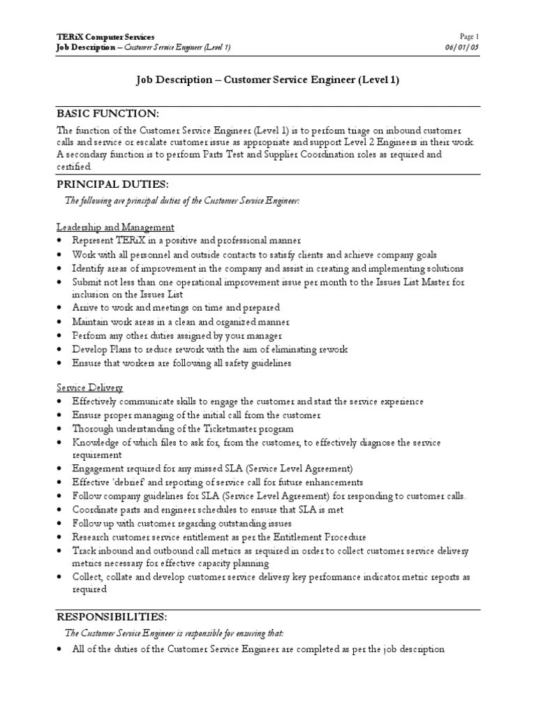 Level 1 Engineer PDF Service Level Agreement Professional