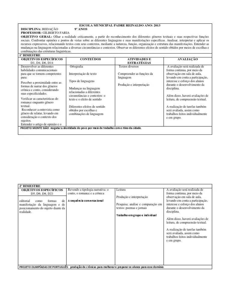 Planejamento 9 Ano Redaçao 2013 Cognição Escolas